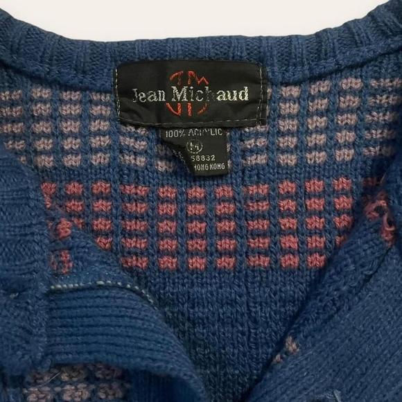 Vintage Checkered Patterned Sweater 1980s Jean Michaud Pullover Buttons Size Med - Picture 4 of 6
